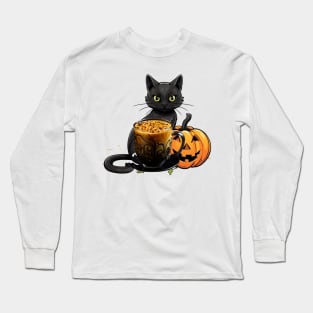 Halloween Black Cat Pumpkin Spice Latte Syrup Creamer Long Sleeve T-Shirt